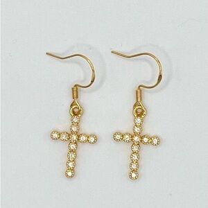 Gold Tone and Rhinestone Cross Drop Earrings